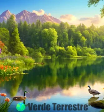 Lago sereno rodeado de vegetación y flores silvestres