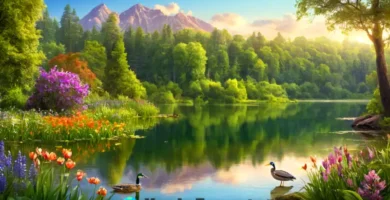 Lago sereno rodeado de vegetación y flores silvestres