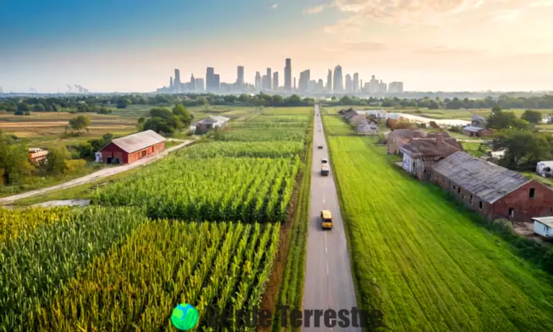 Paisaje dividido que muestra una granja en ruinas y un campo descuidado a un lado, y un bullicioso skyline urbano con smog y tráfico al otro, destacando los desafíos de ambos entornos