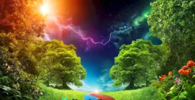 Escena dividida que ilustra el catabolismo con moléculas vibrantes descomponiéndose y el anabolismo con moléculas construyéndose en un ambiente pacífico