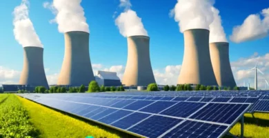 Planta de energía nuclear futurista rodeada de un paisaje verde