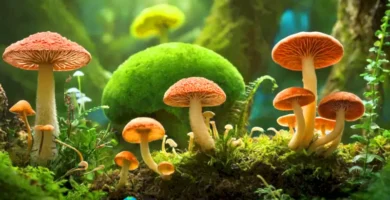 Ilustración vibrante que muestra la esporulación en hongos