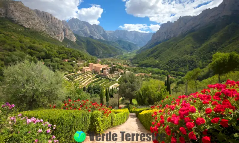 Paisajes emblemáticos de España con Picos de Europa, jardines de la Alhambra y flora y fauna únicas, en un estilo vibrante y colorido