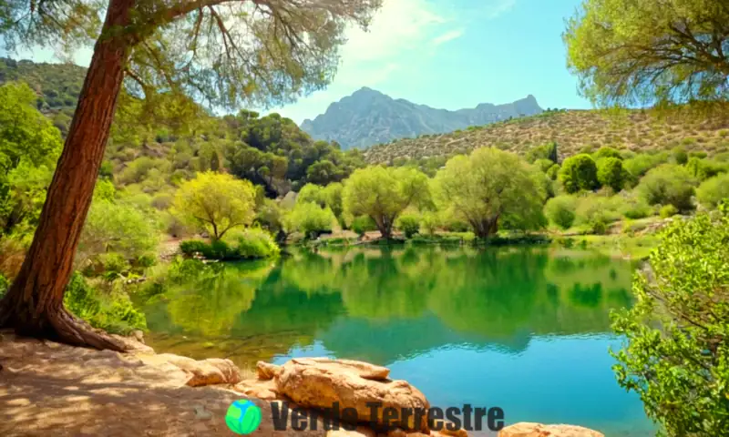 Parques naturales de España con paisajes verdes, flores vibrantes, árboles antiguos, lagos serenos y montañas, ilustración en acuarela