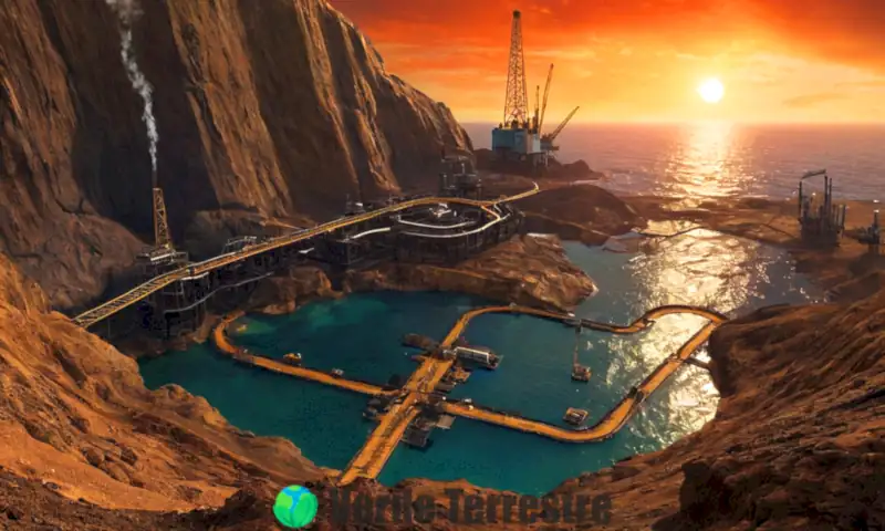 Ilustración detallada del proceso de formación de petróleo, mostrando capas de tierra con fósiles, pozos de crudo y símbolos de energía renovable