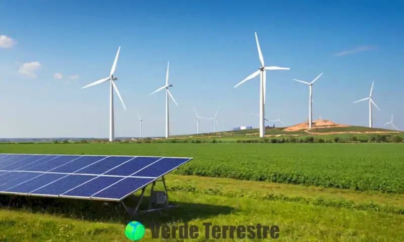 División visual entre paisajes verdes con paneles solares y turbinas eólicas a la izquierda, y una plataforma petrolera en terreno árido y humo a la derecha
