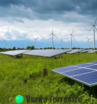 Ilustración dividida que muestra un paisaje vibrante con energía renovable a la izquierda y un entorno industrial contaminante a la derecha