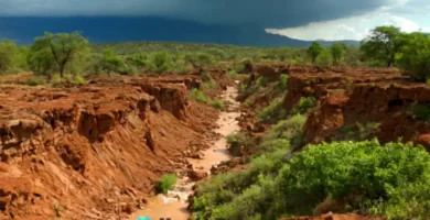 Paisaje dividido que muestra un lado con vegetación saludable y el otro con tierra erosionada