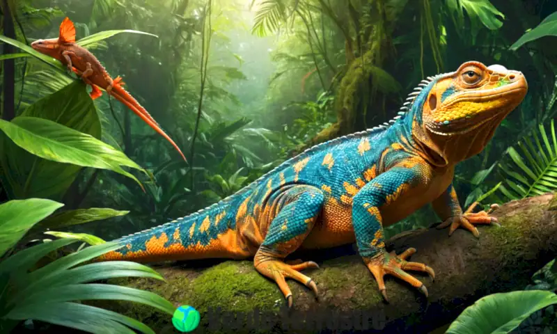 Ilustración hiperrealista de 16 reptiles escamosos en diferentes etapas de muda de piel en una jungla exuberante