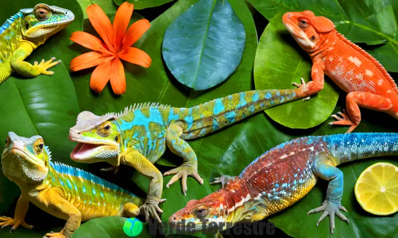 Collage vibrante de 16 animales con escamas, incluyendo un camaleón, una serpiente, una iguana, un cocodrilo y peces exóticos, en un fondo tropical