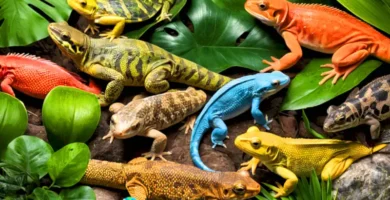 Ilustración realista de 16 animales escalados en un entorno natural vibrante con una selva tropical