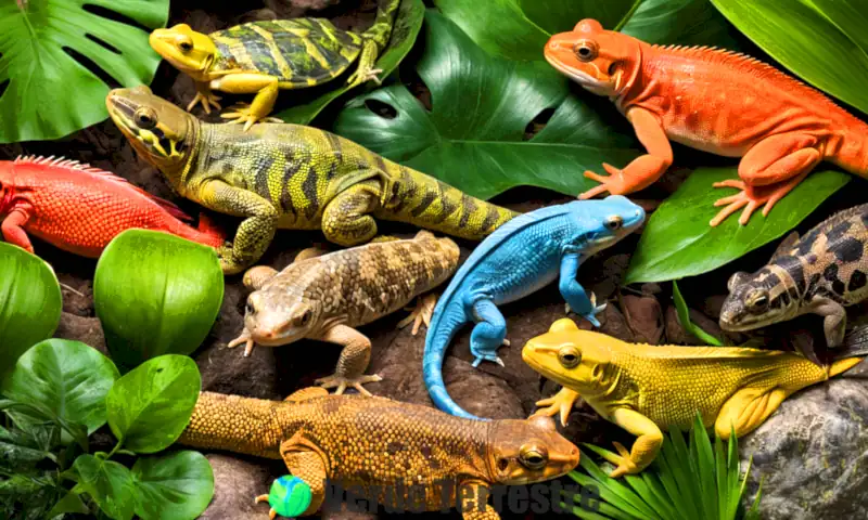 Ilustración realista de 16 animales escalados en un entorno natural vibrante con una selva tropical