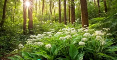 Planta de espinillo blanco con flores blancas y hojas verdes en un bosque tranquilo