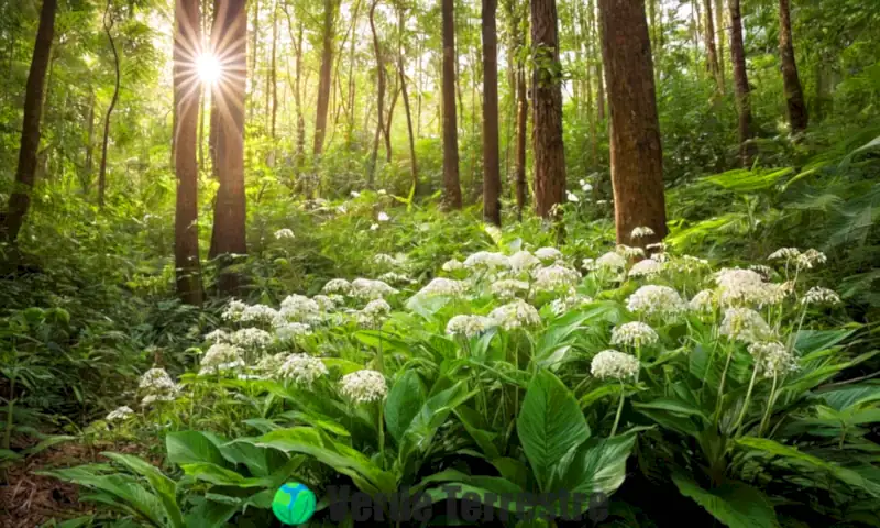 Planta de espinillo blanco con flores blancas y hojas verdes en un bosque tranquilo
