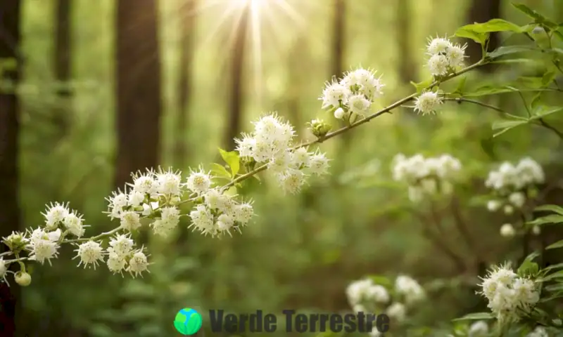 Planta de espinillo blanco con flores blancas y ramas espinosas en un bosque sereno, con símbolos médicos sutiles que sugieren sus propiedades medicinales