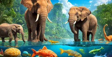 Ilustración que muestra la evolución de animales desde el agua hasta los mamíferos