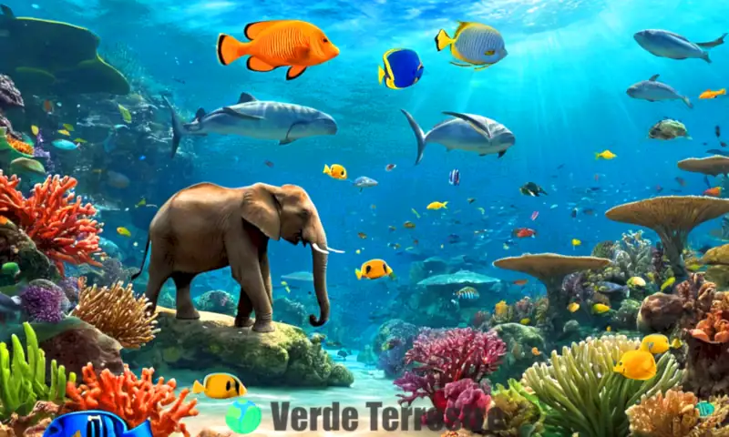 Representación de la diversidad animal desde la vida marina hasta mamíferos terrestres en un paisaje que combina océano azul y bosque verde