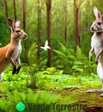 Canguro y conejo juntos en un bosque vibrante
