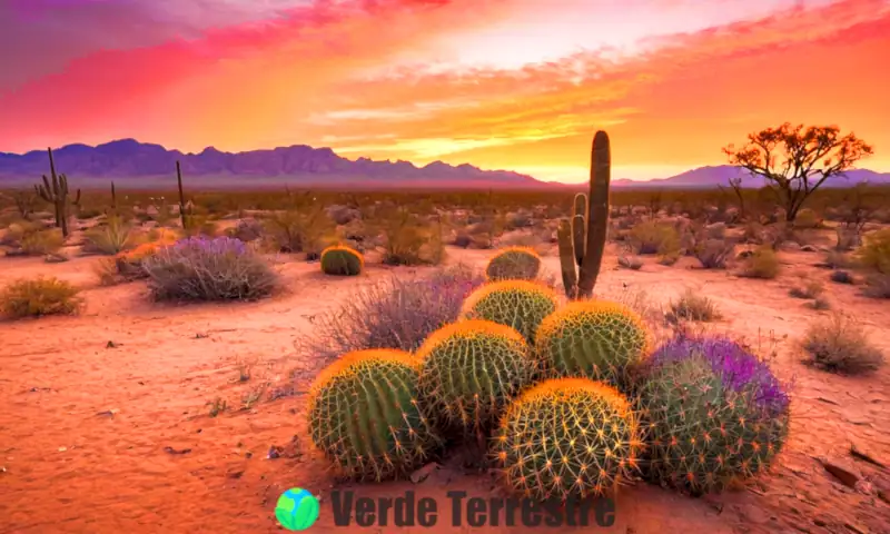 Desierto con flora y fauna únicas, cactáceas y un zorro, bajo un atardecer vibrante de naranjas y púrpuras