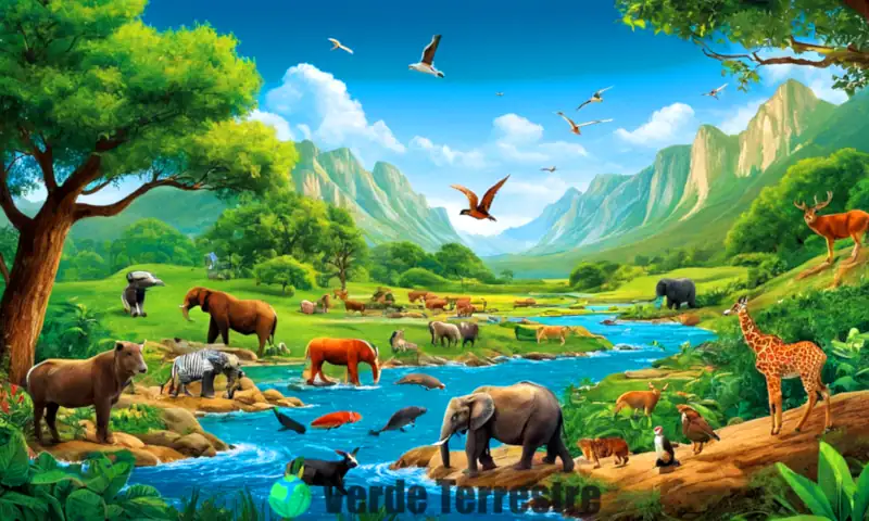 Ilustración educativa que muestra un ecosistema vibrante con fauna diversa, agua en movimiento y un cielo azul, destacando factores ambientales como la calidad del aire y los recursos hídricos