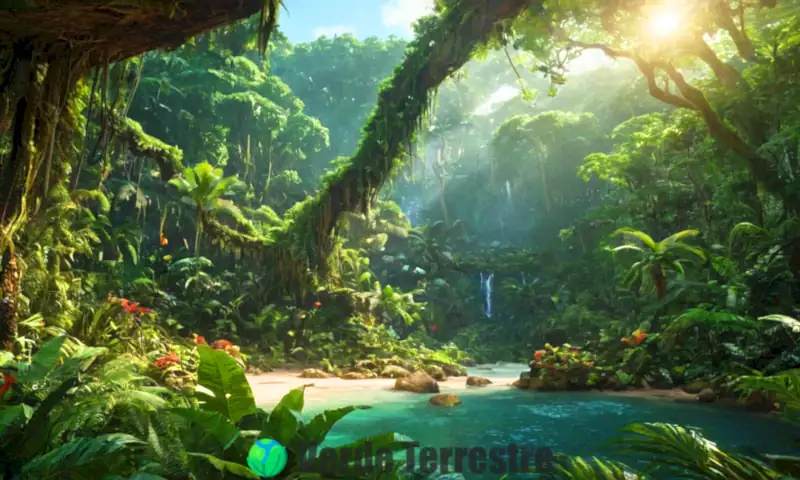 Escena de una selva exuberante con flora vibrante, fauna exótica, luz del sol y un río