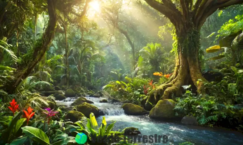 Escena de jungla vibrante con fauna y flora diversas, luz del sol filtrándose y un arroyo fluyente