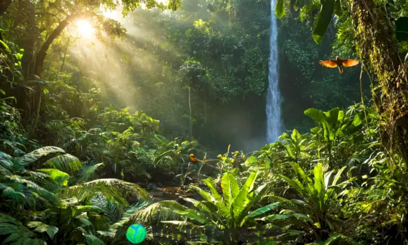 Escena de selva vibrante con abundante follaje, plantas diversas, aves coloridas e insectos exóticos, iluminada por la luz filtrada del sol