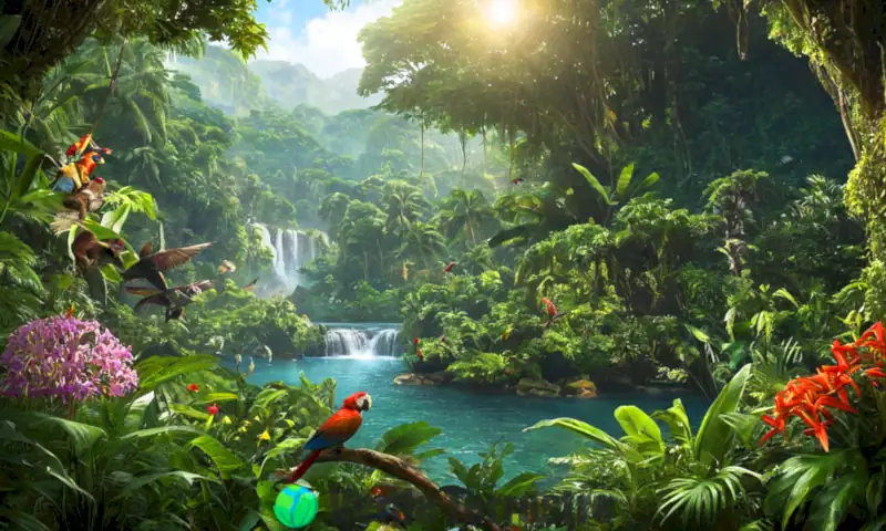 Escena de jungla exuberante con plantas diversas