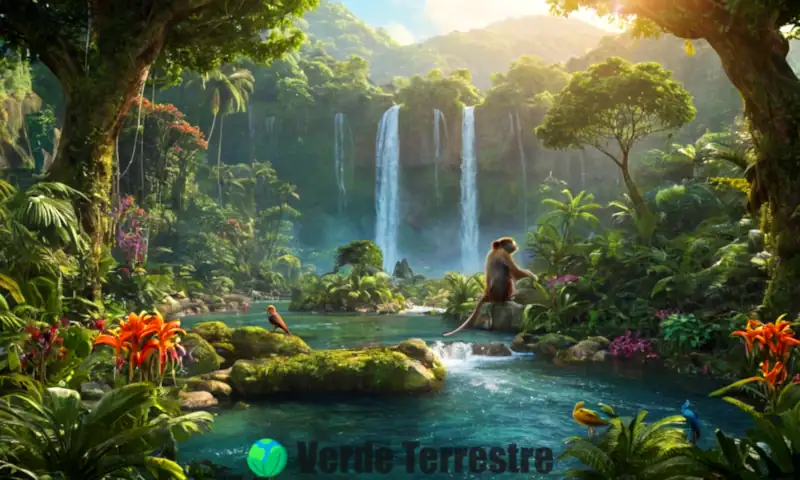 Escena de jungla exuberante con árboles verdes, flores coloridas, fauna diversa, un río y una cascada, iluminada por la luz solar que filtra a través del dosel