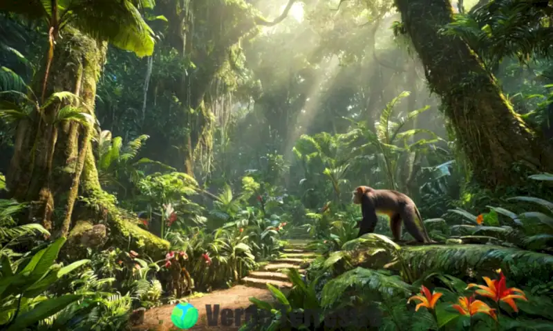Selva tropical vibrante con abundante flora, fauna exótica y árboles altos bajo una luz dappled
