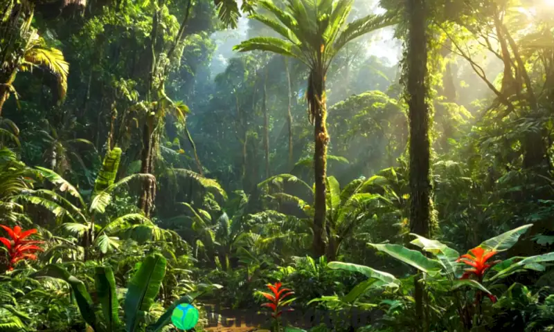 Ilustración detallada de una selva tropical vibrante con diversas plantas y fauna, mostrando interacción entre especies bajo rayos de sol