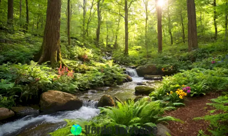 Bosque exuberante con árboles verdes, flores coloridas, y fauna diversa bajo luz solar filtrada