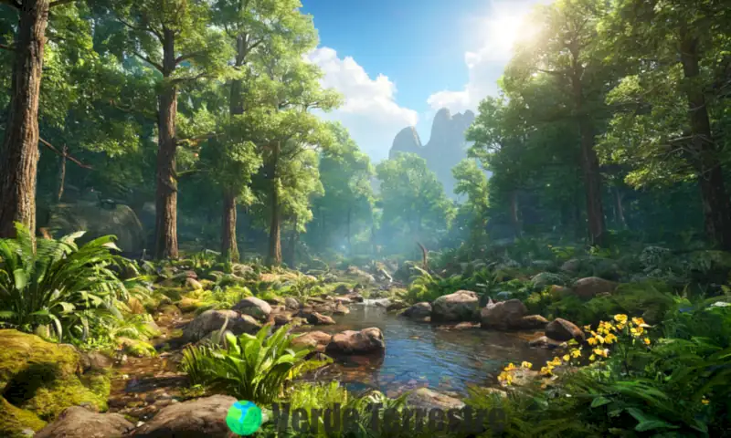Bosque vibrante con árboles, fauna diversa y elementos naturales, iluminado por la luz del sol