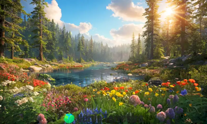 Ilustración de un ecosistema forestal vibrante con árboles, flores, fauna y elementos como suelo y agua, bajo un cielo azul