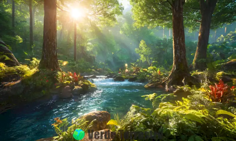 Bosque encantado con árboles diversos, plantas coloridas y agua fluyendo bajo la luz del sol