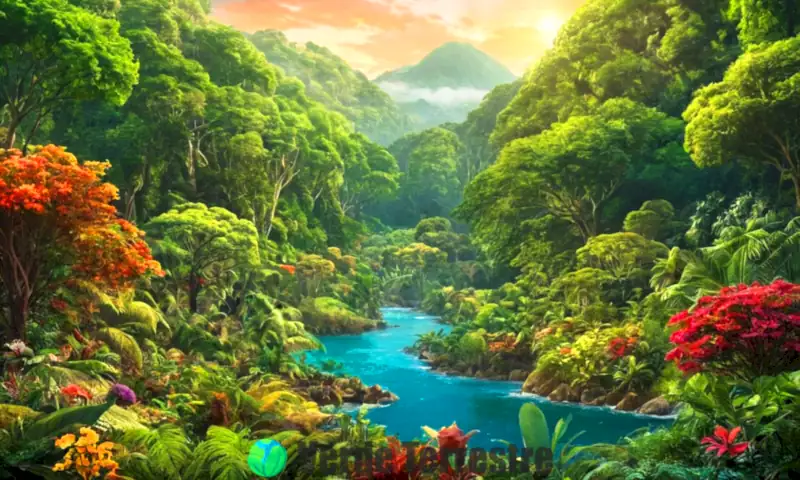 Ilustración colorida que muestra diferentes tipos de bosques, incluyendo selva tropical, bosque de coníferas y bosque caducifolio, destacando la biodiversidad y factores ecológicos