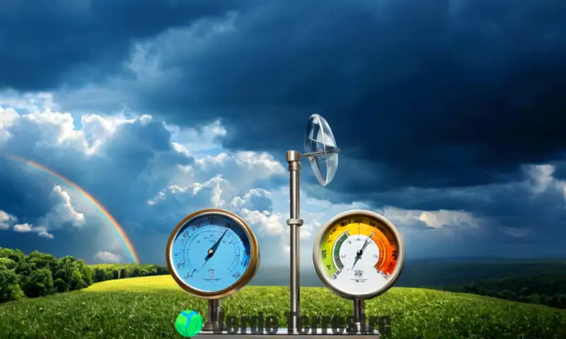 Ilustración de instrumentos meteorológicos como termómetro, barómetro, anemómetro y higrómetro en un paisaje dinámico que muestra sol, nubes, lluvia y viento