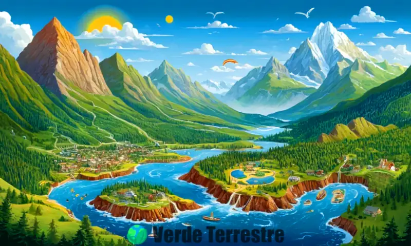 Ilustración detallada de un paisaje diverso que representa elementos climáticos como temperatura, humedad y patrones de viento, combinando realismo con elementos infográficos
