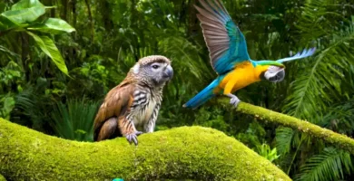 Escena vibrante de fauna de Puebla con aves coloridas