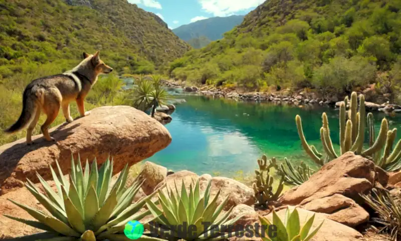 Ilustración vibrante de flora y fauna en peligro de extinción de México, incluyendo un lobo mexicano, un axolote y cactus, en un paisaje tropical detallado
