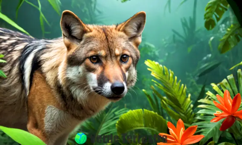 Ilustración de flora y fauna en peligro de extinción en México, destacando una flor rara en primer plano y un animal amenazado en su hábitat natural