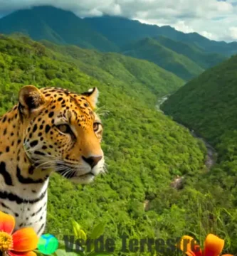 Jaguar en la selva mexicana rodeado de flores coloridas y siluetas de montañas y ruinas