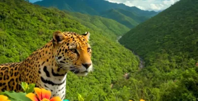 Jaguar en la selva mexicana rodeado de flores coloridas y siluetas de montañas y ruinas