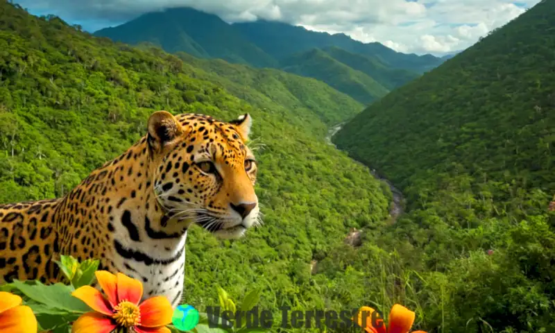 Jaguar en la selva mexicana rodeado de flores coloridas y siluetas de montañas y ruinas