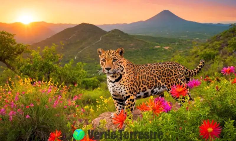 Jaguar mexicano rodeado de flores y vegetación en un paisaje montañoso al atardecer, simbolizando la biodiversidad y la urgencia de conservación