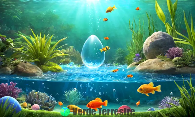 Ilustración educativa que muestra la fertilización externa en especies acuáticas, con huevos coloridos en un entorno sereno