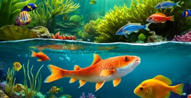 Ilustración vibrante de la fertilización externa en animales marinos