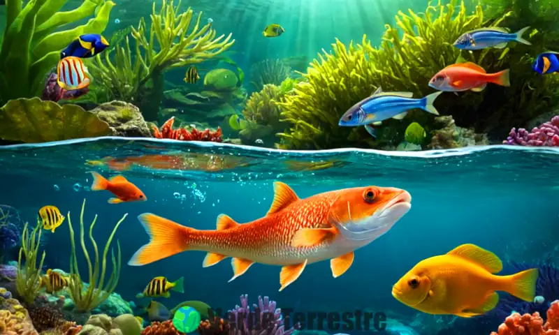 Ilustración vibrante de la fertilización externa en animales marinos
