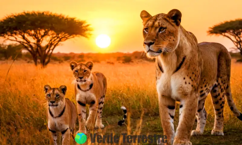 Grandes felinos como leones, tigres, leopardos y guepardos en una vibrante sabana al atardecer