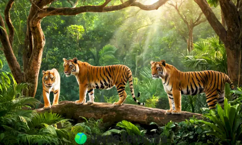 Felinos salvajes en una jungla exuberante, incluyendo tigres, leopardos, guepardos y leones rodeados de rica vegetación